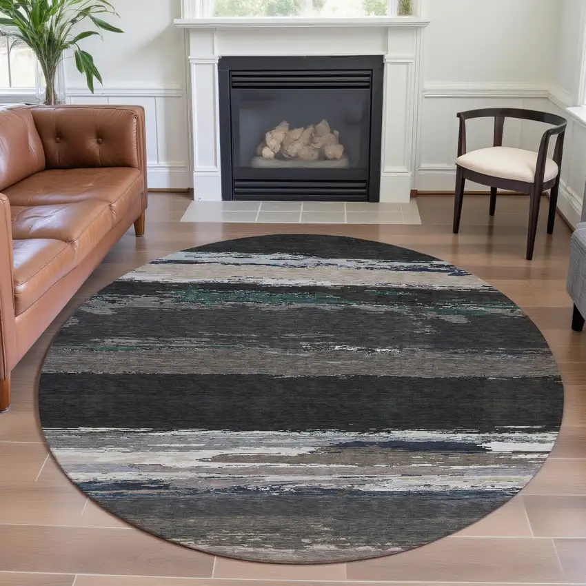 8' X 8' Black Beige And Blue Abstract Washable Round Rug With UV Protection Photo 4