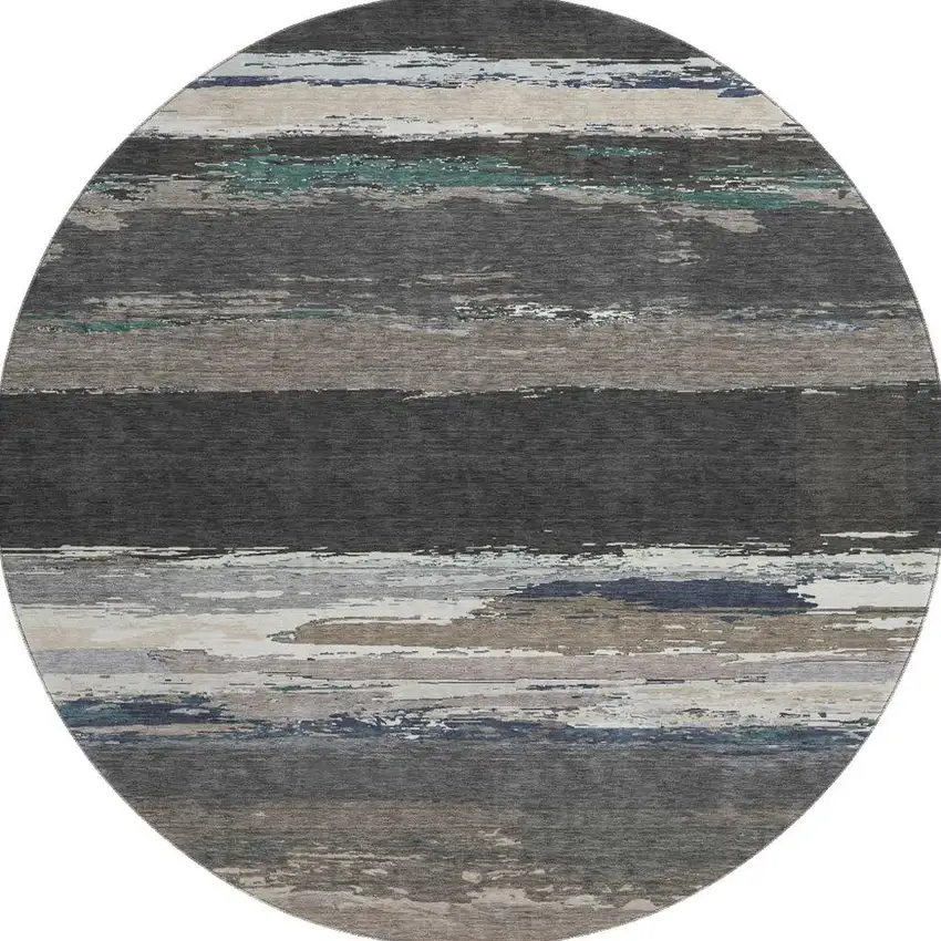 8' X 8' Black Beige And Blue Abstract Washable Round Rug With UV Protection Photo 3