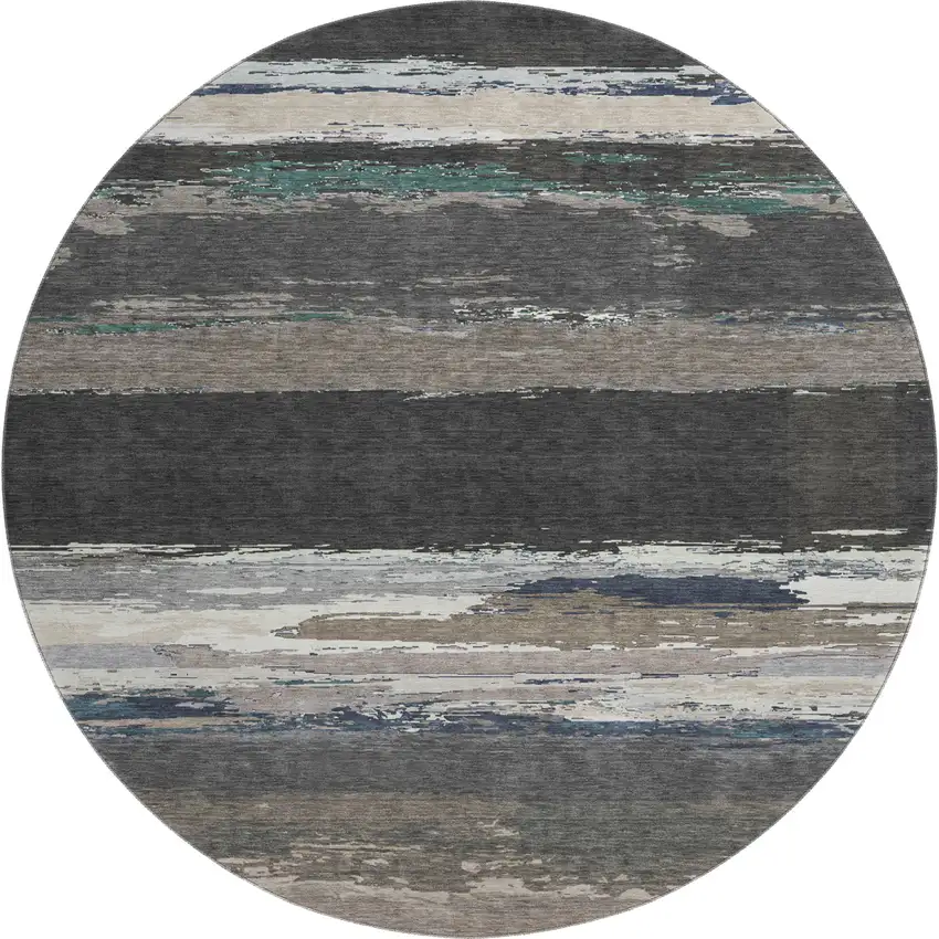 8' X 8' Black Beige And Blue Abstract Washable Round Rug With UV Protection Photo 1