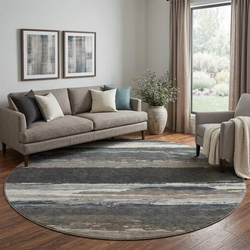8' X 8' Black Beige And Blue Abstract Washable Round Rug With UV Protection Photo 1