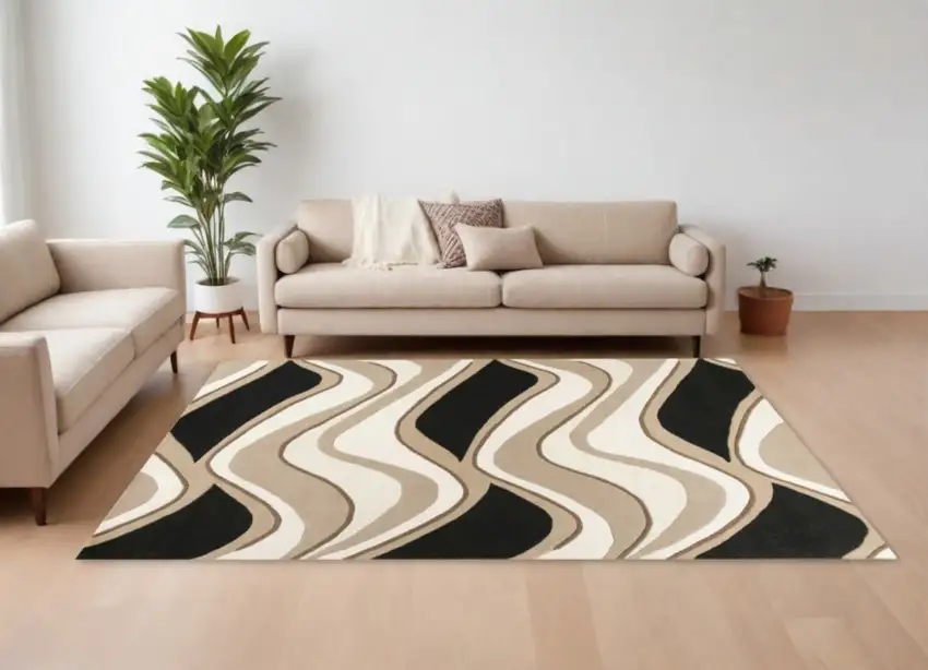 Black Beige Hand Tufted Abstract Waves Indoor Area Rug Photo 2