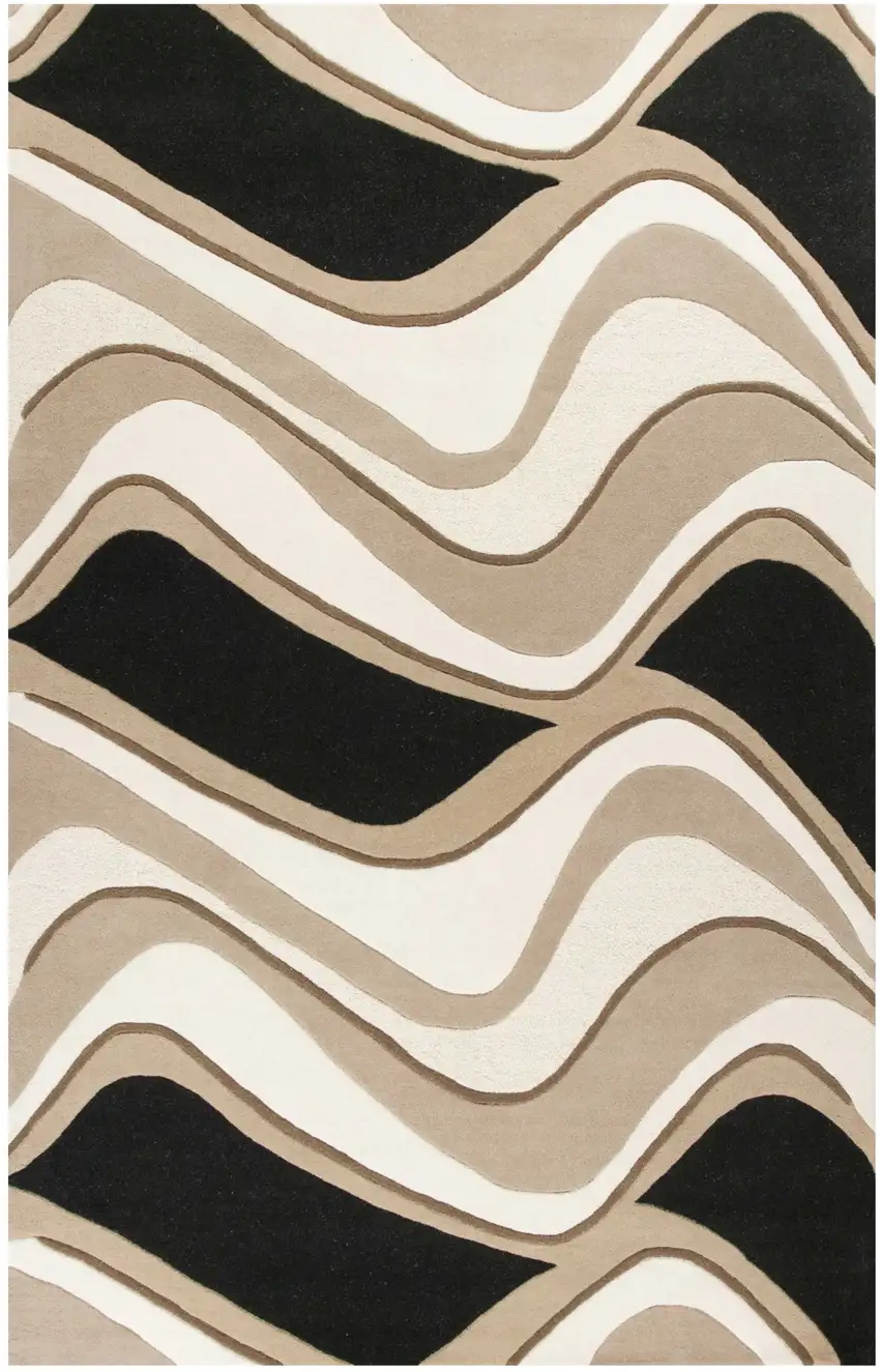 Black Beige Hand Tufted Abstract Waves Indoor Area Rug Photo 1