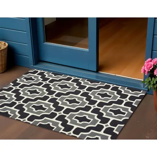 Black and Gray Geometric Stain Resistant Indoor Outdoor Area Rug Photo 1