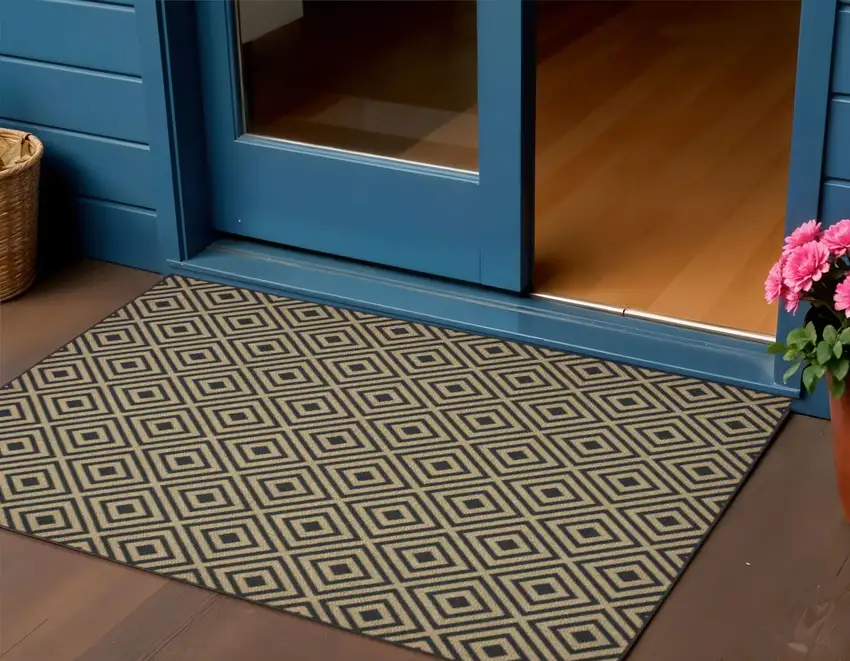 Black and Tan Geometric Stain Resistant Indoor Outdoor Area Rug Photo 1