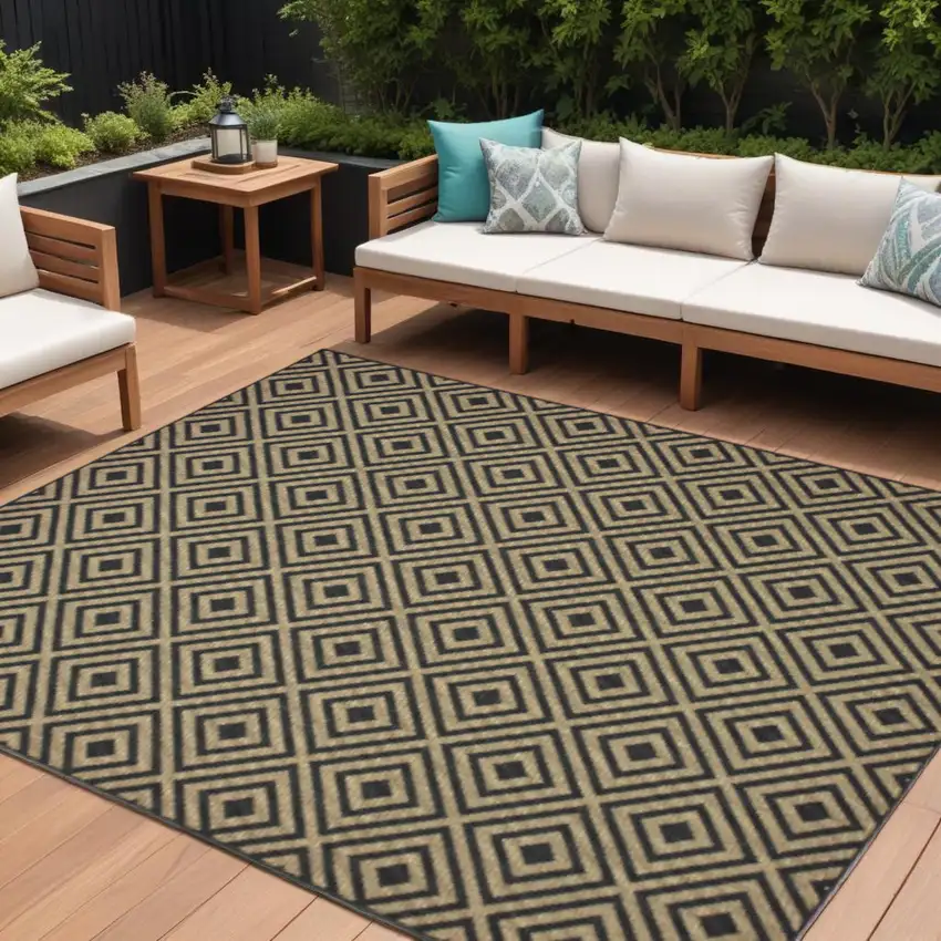 Black and Tan Geometric Stain Resistant Indoor Outdoor Area Rug Photo 1