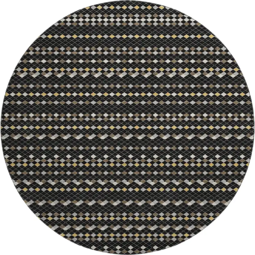 8' X 8' Black Gold And Silver Striped Washable Round Rug With UV Protection Photo 1