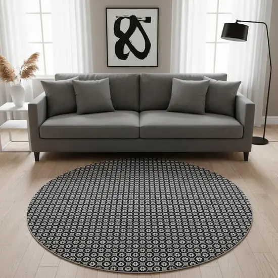 8' X 8' Black Gray And Silver Geometric Washable Round Rug With UV Protection Photo 2