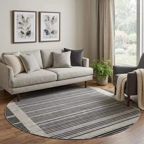 8' X 8' Black Gray And Silver Striped Washable Round Rug With UV Protection Photo 1