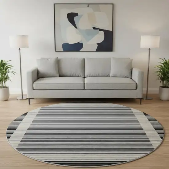 8' X 8' Black Gray And Silver Striped Washable Round Rug With UV Protection Photo 2