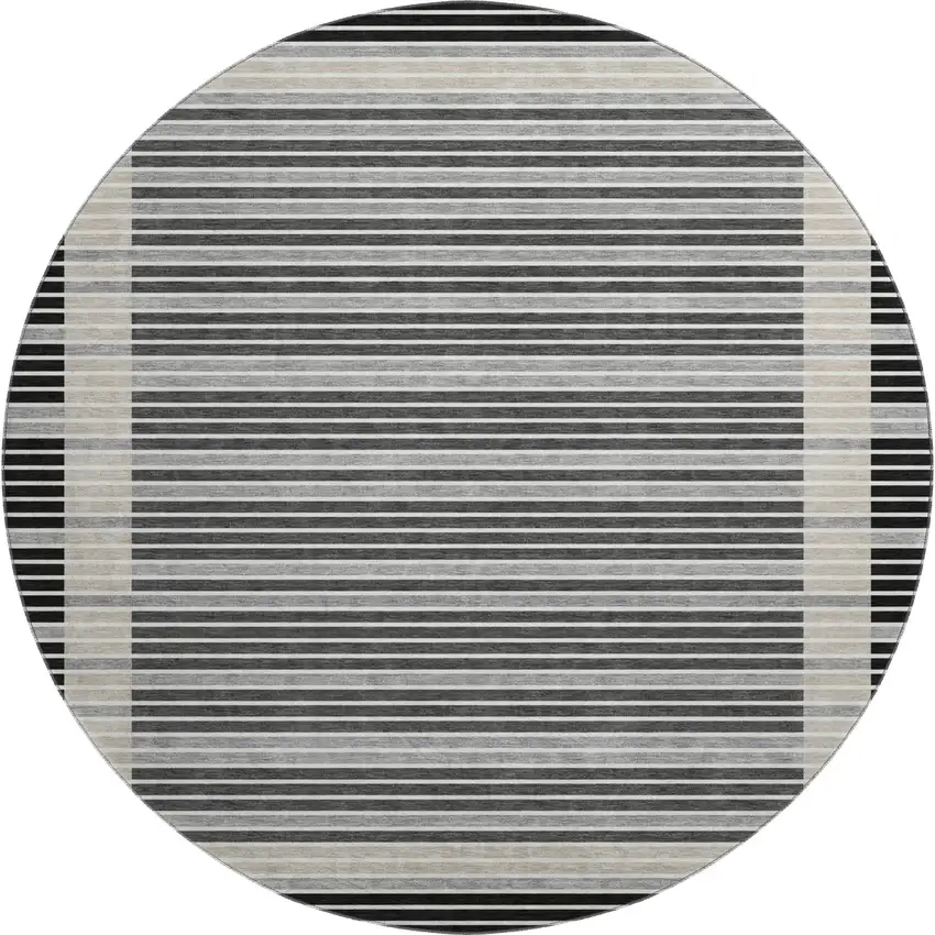 8' X 8' Black Gray And Silver Striped Washable Round Rug With UV Protection Photo 1