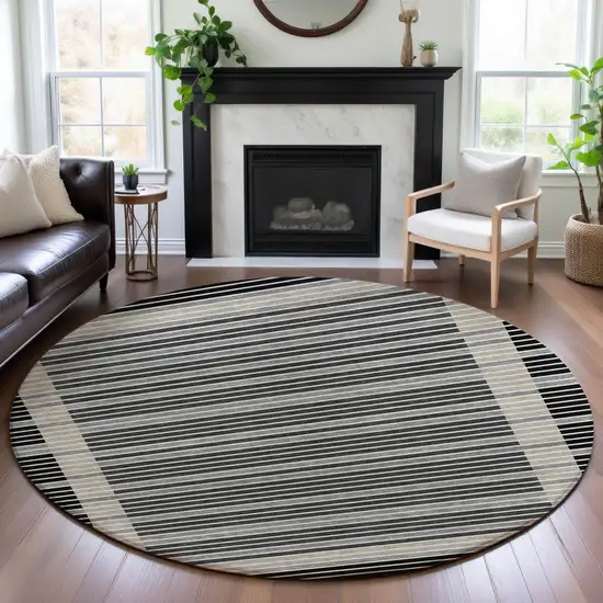 8' X 8' Black Gray And Silver Striped Washable Round Rug With UV Protection Photo 3