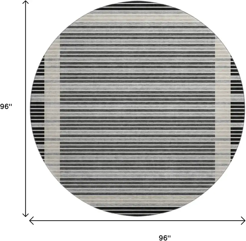 8' X 8' Black Gray And Silver Striped Washable Round Rug With UV Protection Photo 8