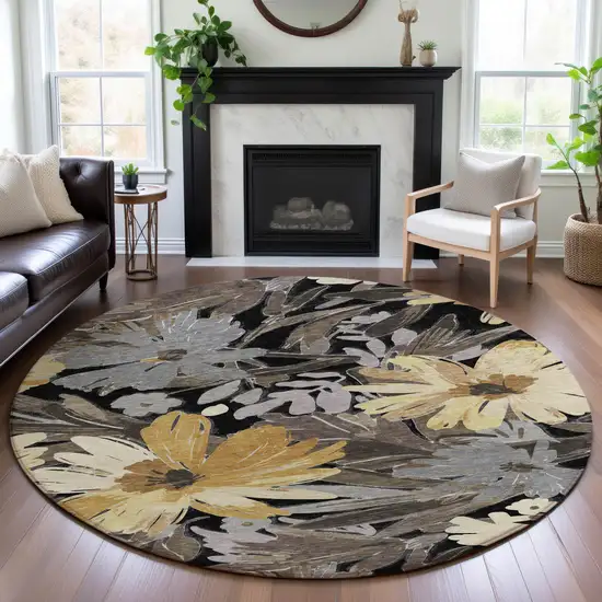 8' X 8' Black Gray And Wheat Floral Washable Round Rug With UV Protection Photo 4