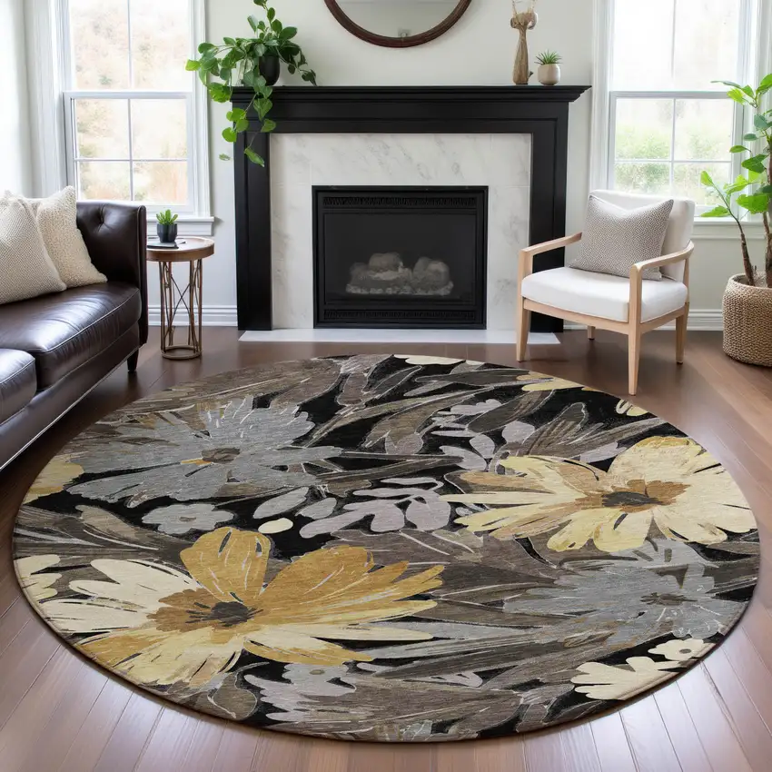 8' X 8' Black Gray And Wheat Floral Washable Round Rug With UV Protection Photo 4