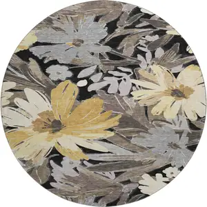 Photo of 8' X 8' Black Gray And Wheat Floral Washable Round Rug With UV Protection