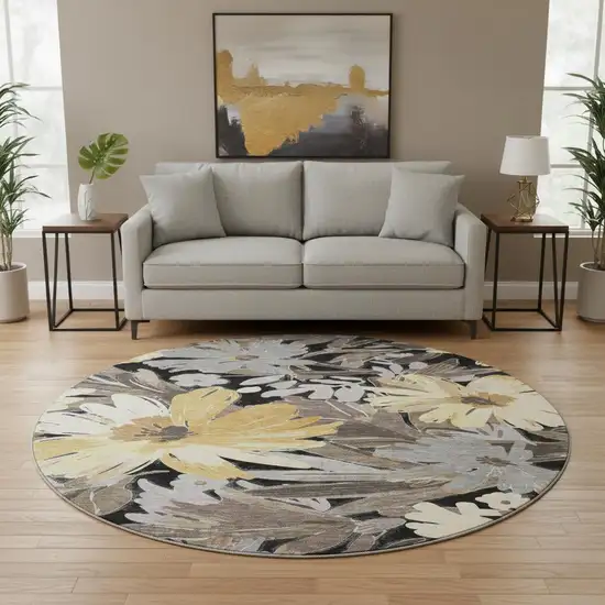 8' X 8' Black Gray And Wheat Floral Washable Round Rug With UV Protection Photo 2