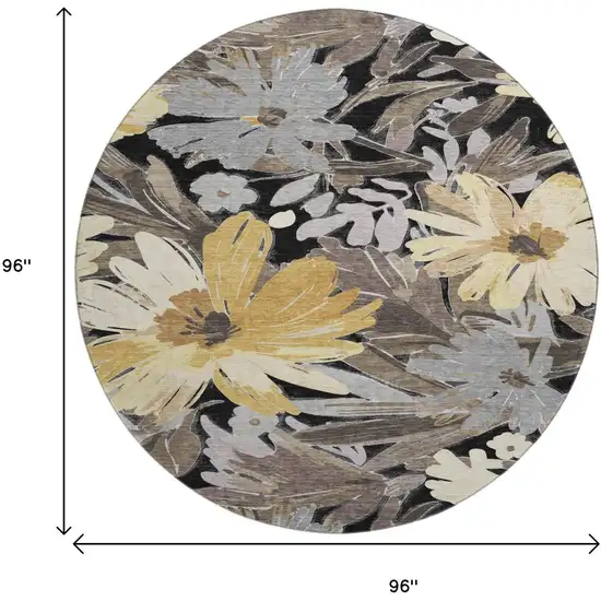 8' X 8' Black Gray And Wheat Floral Washable Round Rug With UV Protection Photo 9