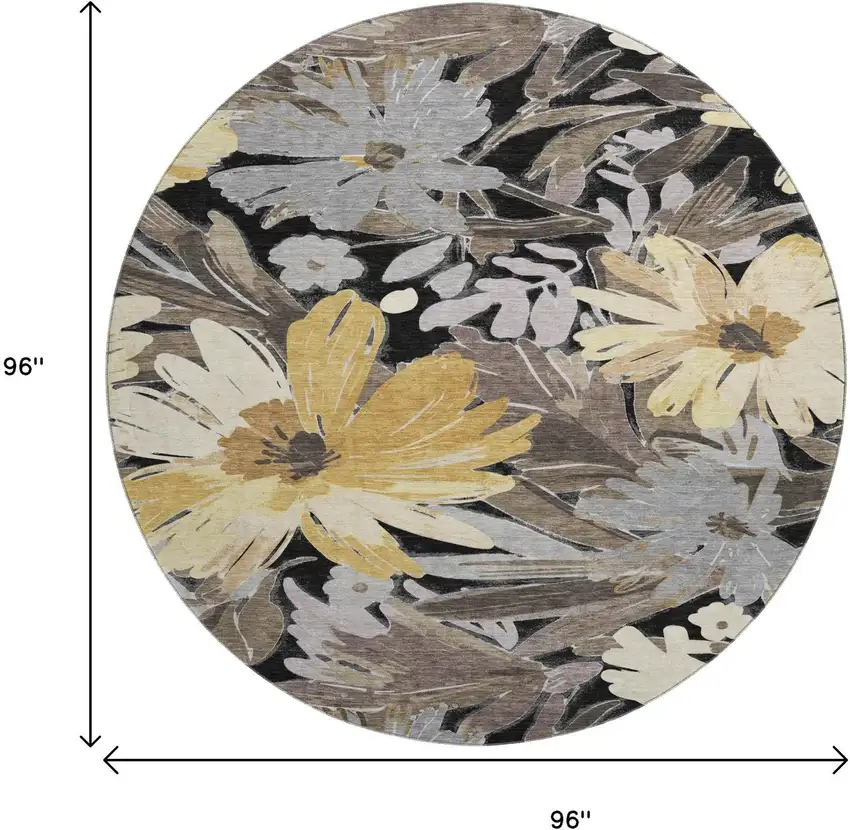 8' X 8' Black Gray And Wheat Floral Washable Round Rug With UV Protection Photo 9