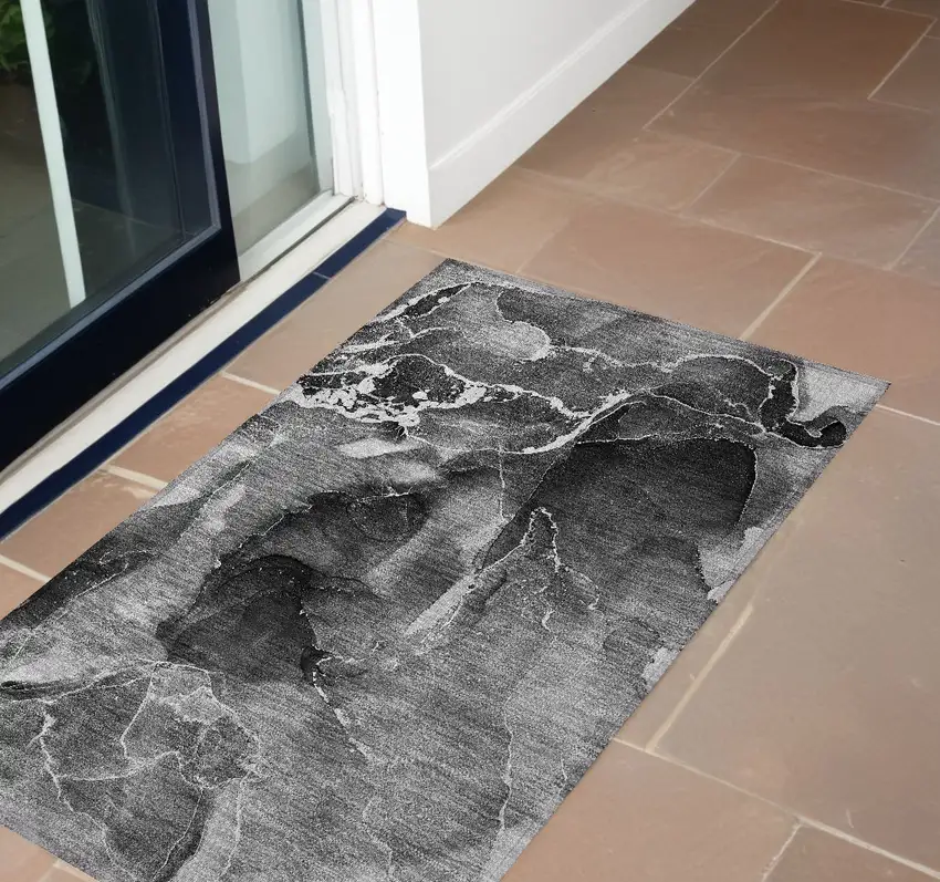 Black Gray and White Abstract Washable Non Skid Indoor Outdoor Area Rug Photo 1