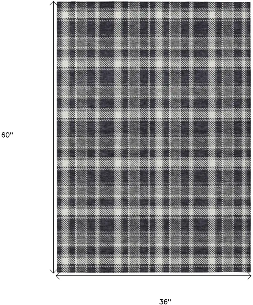 Black Gray and White Plaid Washable Non Skid Indoor Outdoor Area Rug Photo 3