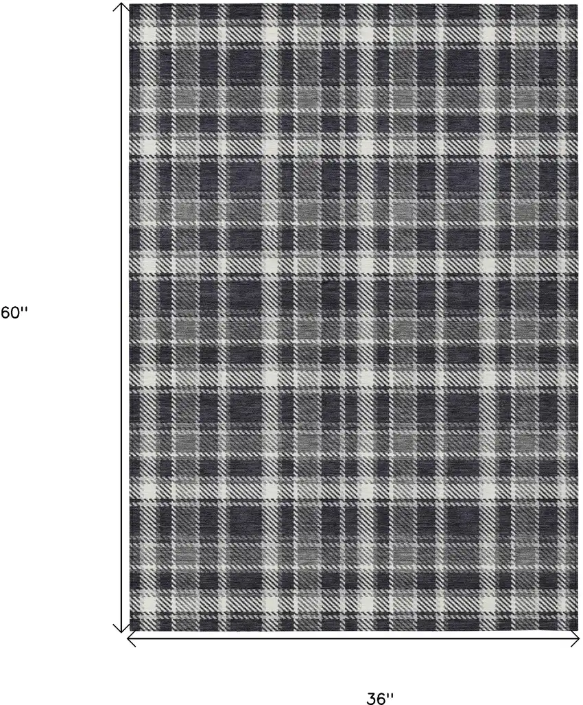 Black Gray and White Plaid Washable Non Skid Indoor Outdoor Area Rug Photo 3