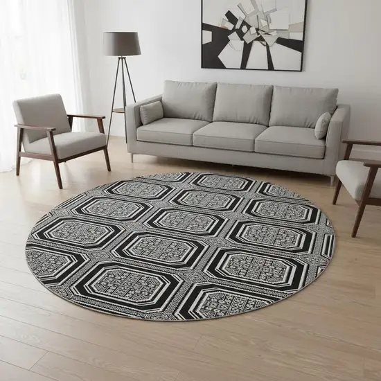 8' X 8' Black Ivory And Gray Geometric Washable Round Rug With UV Protection Photo 2