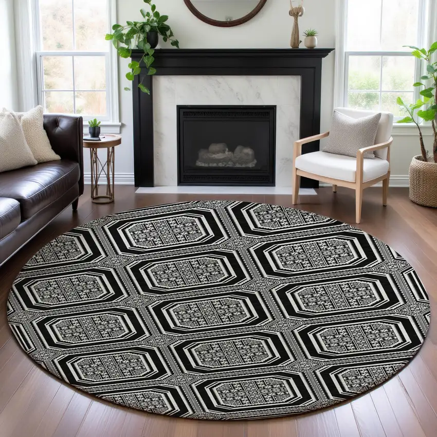8' X 8' Black Ivory And Gray Geometric Washable Round Rug With UV Protection Photo 4