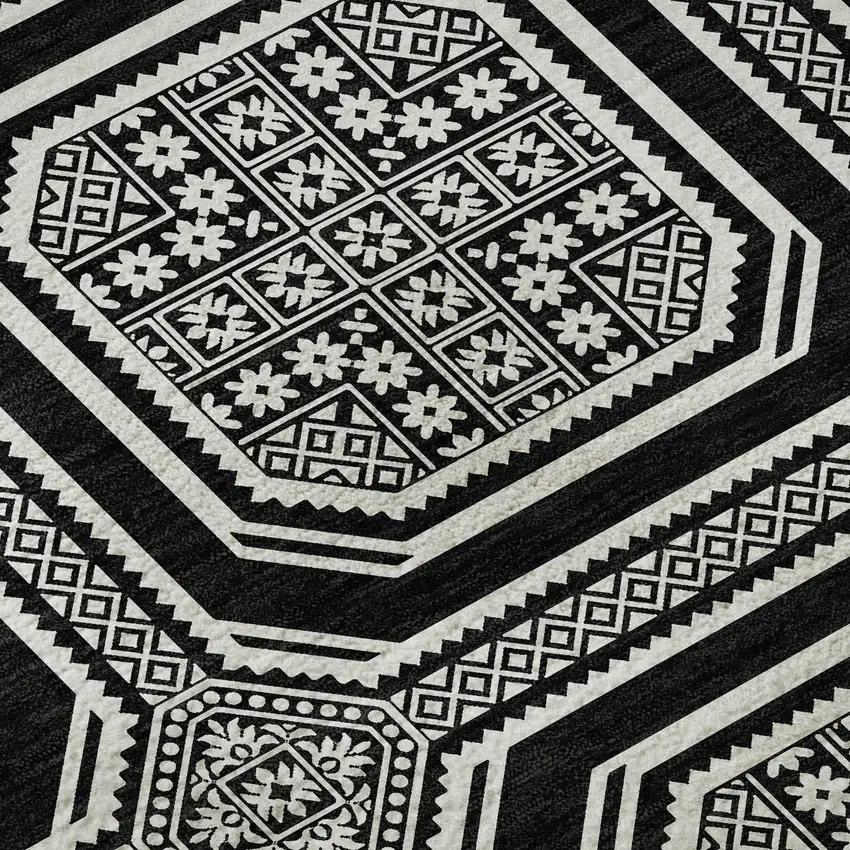 8' X 8' Black Ivory And Gray Geometric Washable Round Rug With UV Protection Photo 8