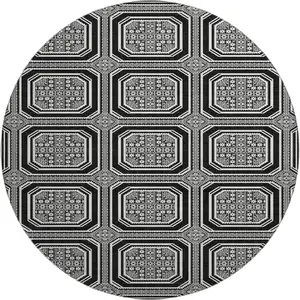 Photo of 8' X 8' Black Ivory And Gray Geometric Washable Round Rug With UV Protection