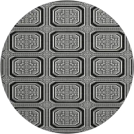 8' X 8' Black Ivory And Gray Geometric Washable Round Rug With UV Protection Photo 1