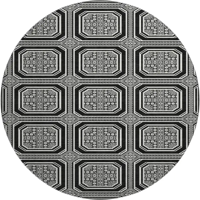 8' X 8' Black Ivory And Gray Geometric Washable Round Rug With UV Protection Photo 1