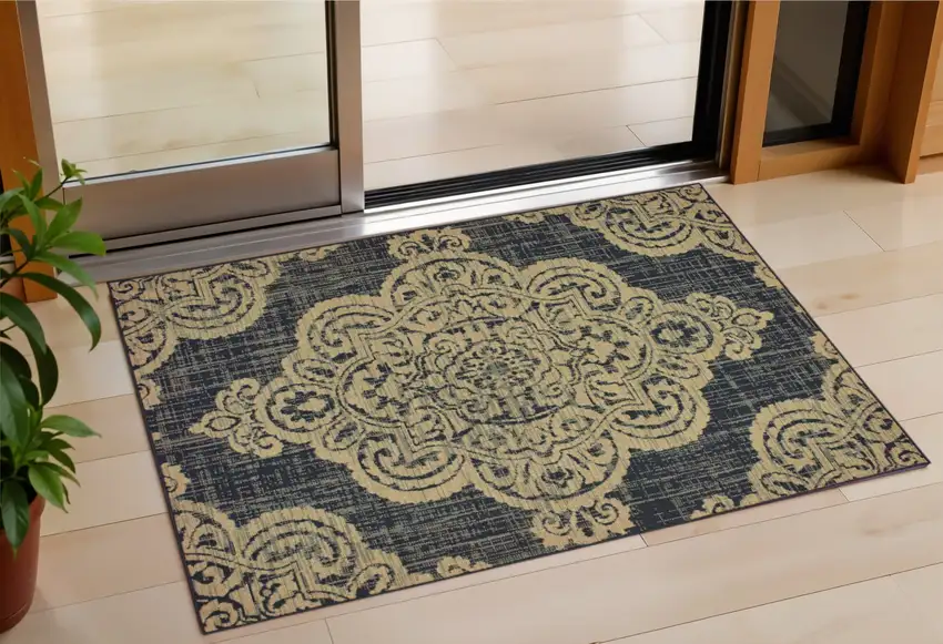 Black and Tan Oriental Stain Resistant Indoor Outdoor Area Rug Photo 1