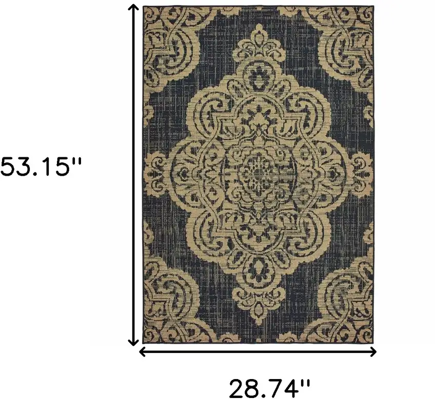 3' X 5' Black Oriental Stain Resistant Indoor Outdoor Area Rug Photo 5