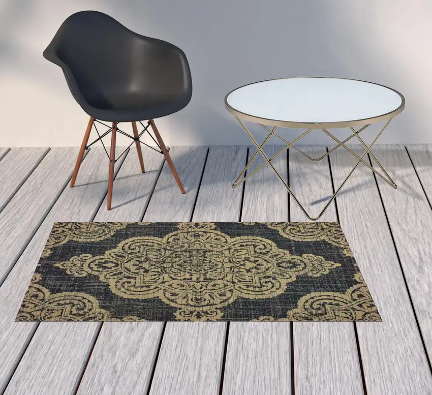 3' X 5' Black Oriental Stain Resistant Indoor Outdoor Area Rug Photo 2
