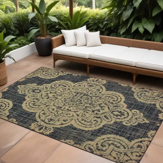 Black and Tan Oriental Stain Resistant Indoor Outdoor Area Rug Photo 1