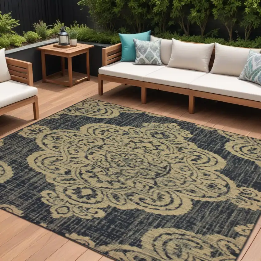 Black and Tan Oriental Stain Resistant Indoor Outdoor Area Rug Photo 1