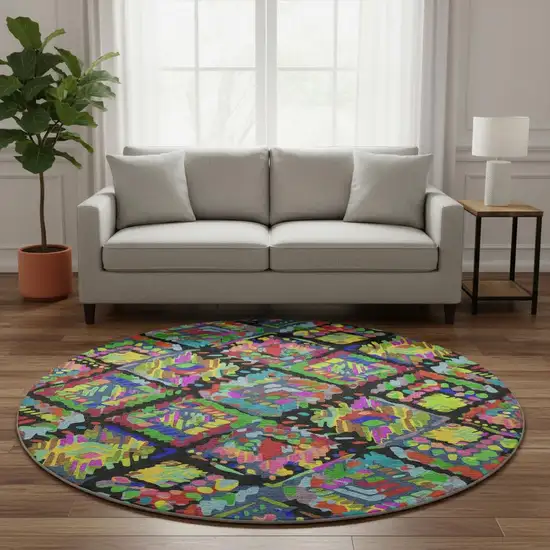 8' X 8' Black Red Pink And Green Geometric Washable Round Rug With UV Protection Photo 2