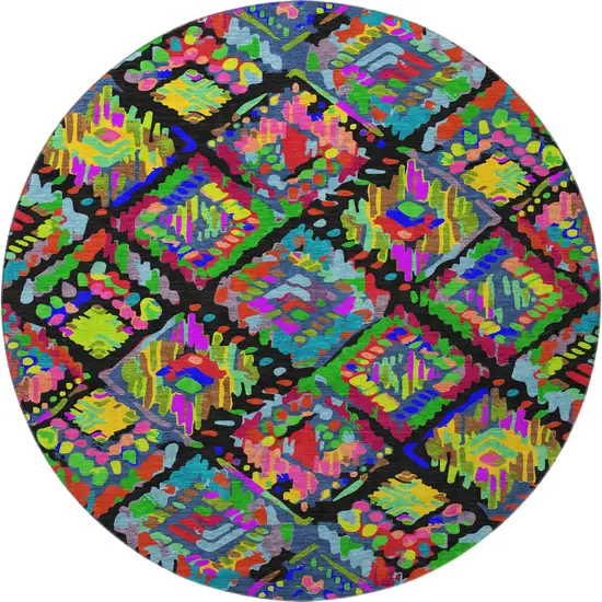 8' X 8' Black Red Pink And Green Geometric Washable Round Rug With UV Protection Photo 2