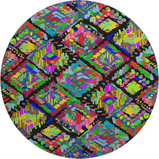 8' X 8' Black Red Pink And Green Geometric Washable Round Rug With UV Protection Photo 1