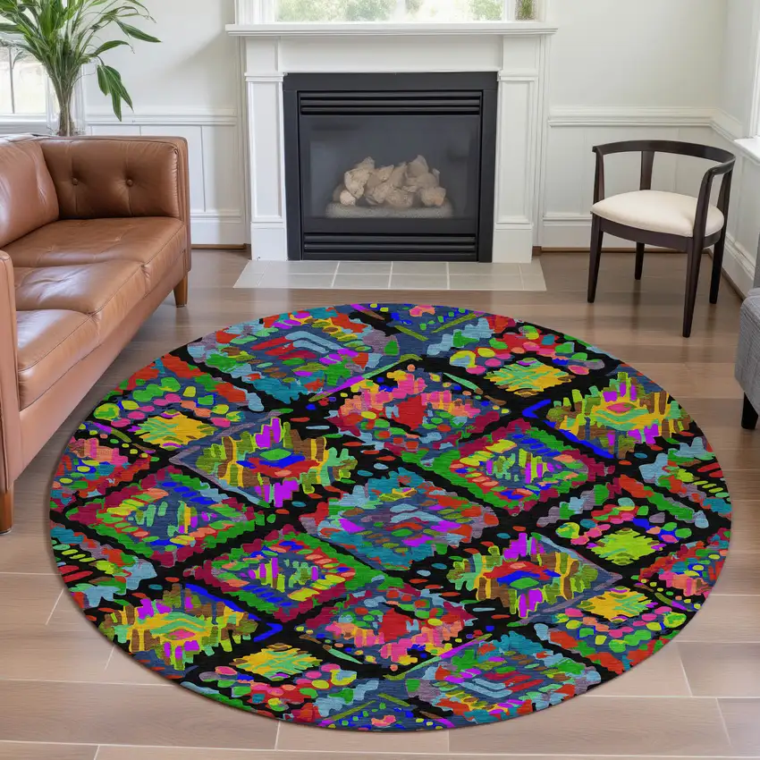 8' X 8' Black Red Pink And Green Geometric Washable Round Rug With UV Protection Photo 3