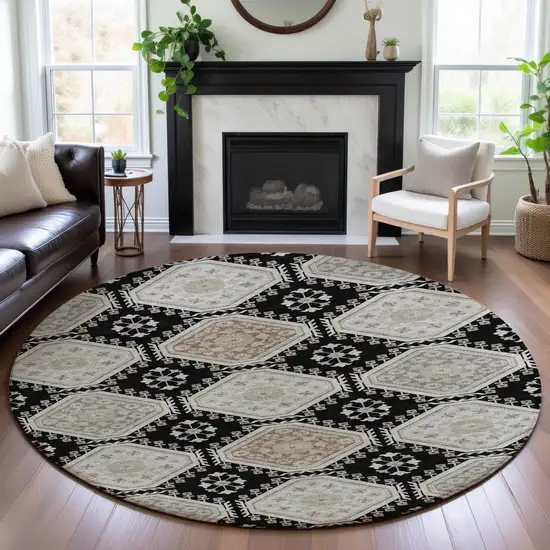 8' X 8' Black Silver And Gray Floral Washable Round Rug With UV Protection Photo 4