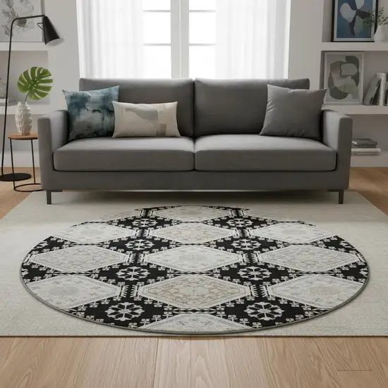 8' X 8' Black Silver And Gray Floral Washable Round Rug With UV Protection Photo 2