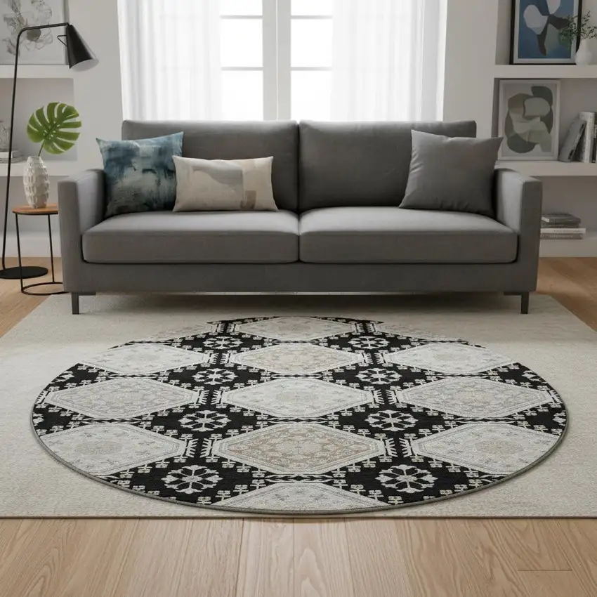 8' X 8' Black Silver And Gray Floral Washable Round Rug With UV Protection Photo 2