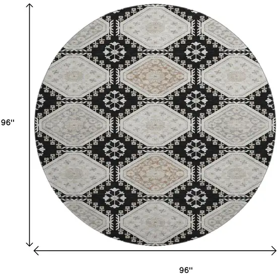 8' X 8' Black Silver And Gray Floral Washable Round Rug With UV Protection Photo 9