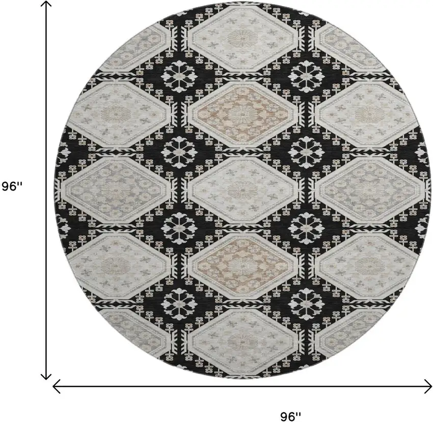 8' X 8' Black Silver And Gray Floral Washable Round Rug With UV Protection Photo 9