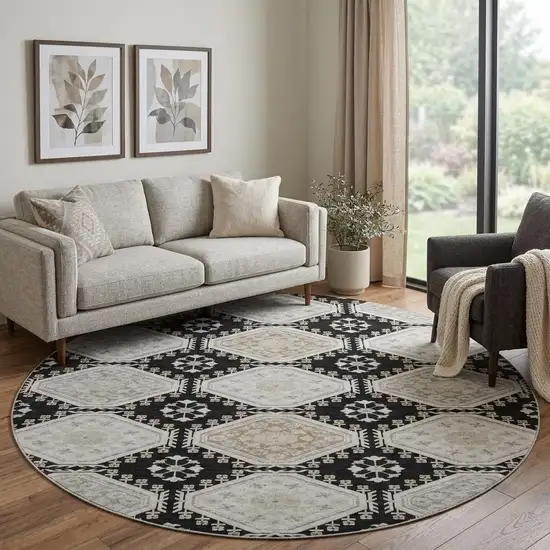 8' X 8' Black Silver And Gray Floral Washable Round Rug With UV Protection Photo 1