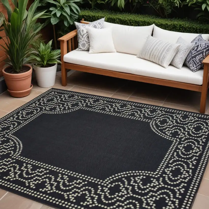 Black and Ivory Stain Resistant Indoor Outdoor Area Rug Photo 1