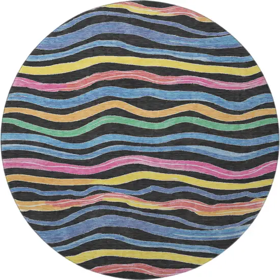 8' X 8' Black Yellow Blue And Pink Striped Washable Round Rug With UV Protection Photo 2