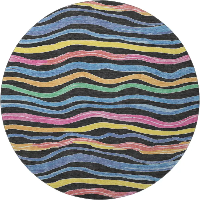 8' X 8' Black Yellow Blue And Pink Striped Washable Round Rug With UV Protection Photo 2