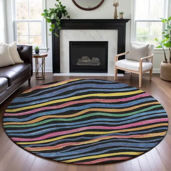 8' X 8' Black Yellow Blue And Pink Striped Washable Round Rug With UV Protection Photo 3